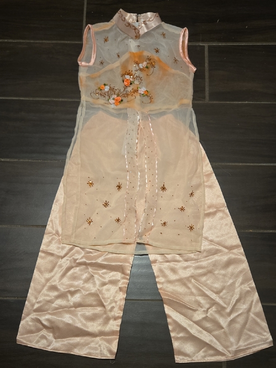 Other - Kids Asian Style Peach Floral Embroidered Sheer Tunic & Satin Pants Set NWOT